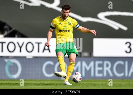 DERBY, ENGLAND. APRIL 10TH: Grant Hanley of Norwich City in action during the Sky Bet Championship match between Derby County and Norwich City at the Pride Park, Derby on Saturday 10th April 2021. (Credit: Jon Hobley | MI News) Credit: MI News & Sport /Alamy Live News Stock Photo