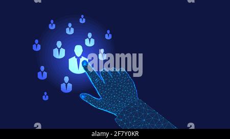 Icons of people, hand polygonal on dark blue background. Polygonal illustration. Human resources, crm, social network and data mining concept or socia Stock Photo