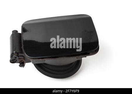 Detail of a black car body with rubber seal on a white isolated background in a photo studio gas tank cover spare part for sale at a car service or at Stock Photo