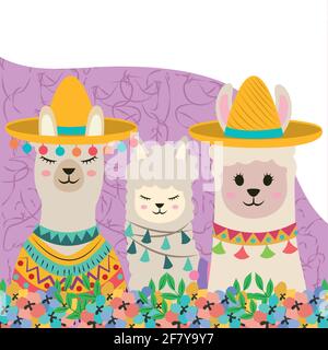 cartoon llamas floral hat poncho Stock Vector