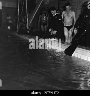 In a swimming pool in Apeldoorn, diving lessons for Mariniers from the Van Braam Houckgeestkazerne (VBHKAZ) are given from Doorn. A corporal hospitalizer (kplzvp), or sick, demonstrates what to do if something went wrong. Stock Photo