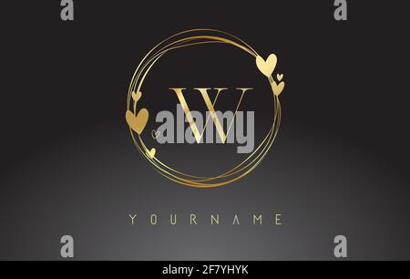 Letter W Logo with golden circle frames and golden hearts. Luxury vector illustration with letter W and little golden hearts. Stock Vector