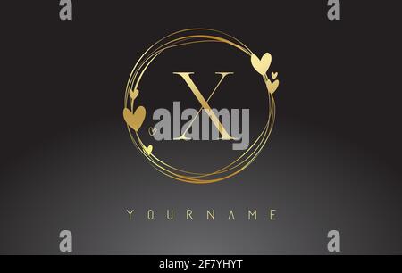 Letter X Logo with golden circle frames and golden hearts. Luxury vector illustration with letter X and little golden hearts. Stock Vector