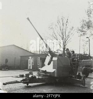 921 Light air target artillery department. BOFORS / Bronze-Fijenoord 40L70 air cooling guns during the battery service in position (wheeled wheel sets). Stock Photo