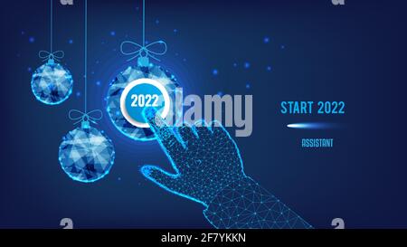 Startup concept. The beginning of the New Year. 2022 on the button. Polygonal hand. Clicking. Polygonal Christmas balls. Background of the blue starry Stock Vector