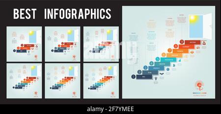 Set of infographic elements. Successful business strategy concept. Colored stairs and open door, bright sun and sky, icons and place for text. Stock Vector