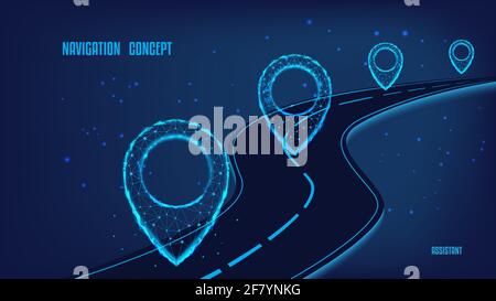 Navigation concept. Logistic concept.  Road with polygonal  pointers. Blue background with stars Stock Vector