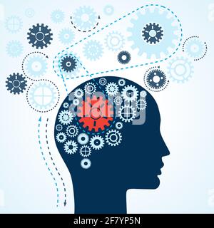 Human brain functioning concept. Human head with gears.  The uniqueness and complexity of the thought process. Stock Vector