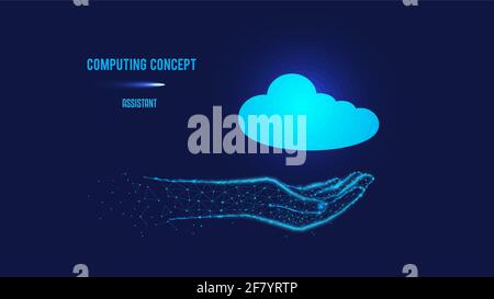 Computing concept. Cloud computing symbol in hand. Polygonal illustration. Stock Vector