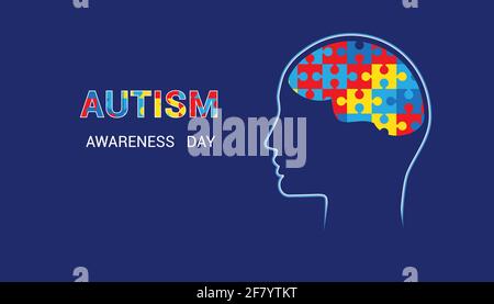 Brain-shaped puzzles. Autism awareness day. Blue background. Stock Vector