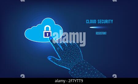 Cloud Computing Data Security Concept. Clicking on cloud computing data storage with padlock. Hand from triangles and points on dark blue background. Stock Vector