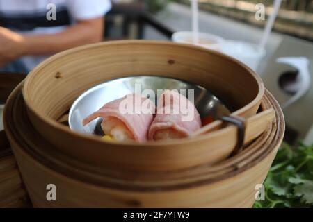 ham rolls, steam rolls or Chinese steamed dumpling or dim sum Stock Photo