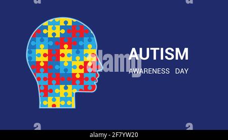 Autism awareness day. Head-shaped puzzles. Blue background. Stock Vector