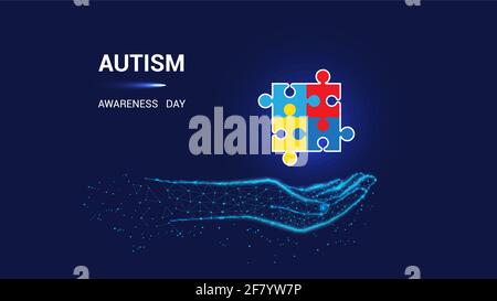 Autism awareness day. Puzzle. Autism awareness symbol in polygonal hand. Blue background. Stock Vector