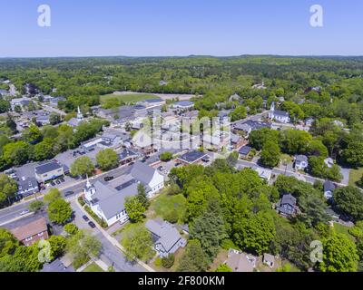 Aerial view of Medfield historic town center and Main Street in summer ...