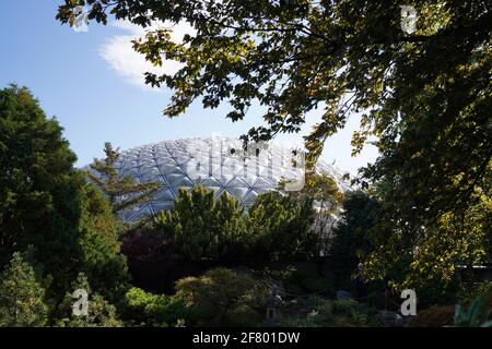 Bloedel Conservatory, the tropical garden in Queen Elizabeth Park of Vancouver, Canada, with domed shape under blue sky. Stock Photo