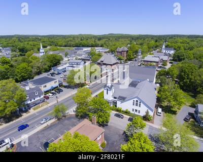 Aerial view of Medfield historic town center and Main Street in summer ...