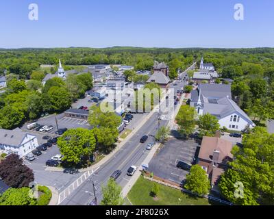 Aerial view of Medfield historic town center and Main Street in summer ...