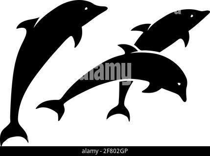 Vector black silhouettes of three jumping dolphins isolated on a white background. Stock Vector