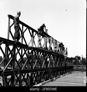 Bailey bridge construction / Pontoon bridge, framework school 1st regiment pioneers. Stock Photo