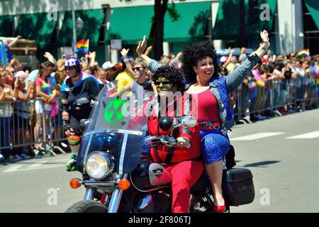 Chicago, Illinois, USA. Motorcycle participants celebrating diversity in the annual Chicago Pride Parade. Stock Photo