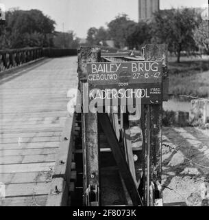 Bailey bridge construction / Pontoon bridge, framework school 1st regiment pioneers. Stock Photo