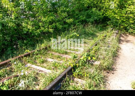 old rail road with nature taking over on a bright sunny day Stock Photo