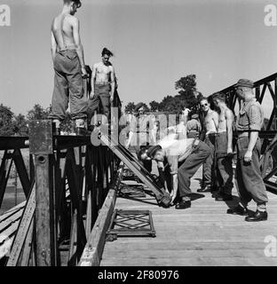 Bailey bridge construction / Pontoon bridge, framework school 1st regiment pioneers. Stock Photo