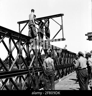 Bailey bridge construction / Pontoon bridge, framework school 1st regiment pioneers. Stock Photo