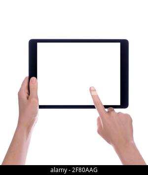 Hands holding a tablet computer with white screen. Woman hands showing empty screen of modern digital tablet. Hand holding tablet pc isolated on white Stock Photo