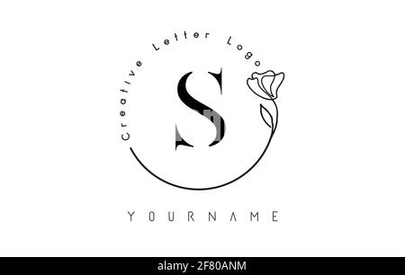 Creative initial letter S logo with lettering circle hand drawn flower element and leaf. Vector illustration icon for natural, eco, jewelry, fashion, Stock Vector
