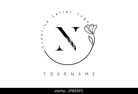 Creative initial letter N logo with lettering circle hand drawn flower element and leaf. Vector illustration icon for natural, eco, jewelry, fashion, Stock Vector