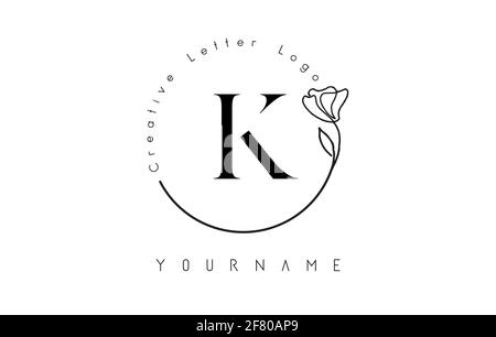 Creative initial letter K logo with lettering circle hand drawn flower element and leaf. Vector illustration icon for natural, eco, jewelry, fashion, Stock Vector
