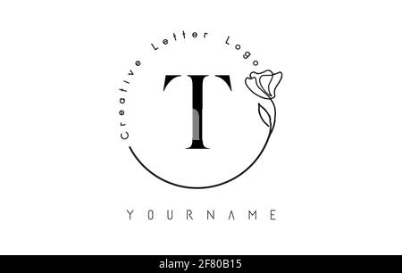 Creative initial letter T logo with lettering circle hand drawn flower element and leaf. Vector illustration icon for natural, eco, jewelry, fashion, Stock Vector