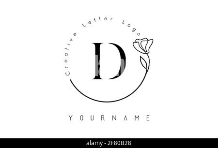 Creative initial letter D logo with lettering circle hand drawn flower element and leaf. Vector illustration icon for natural, eco, jewelry, fashion, Stock Vector