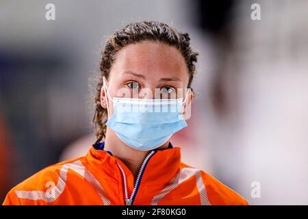 EINDHOVEN, NETHERLANDS - APRIL 10: Kim Busch competing in the Women 100m Freestyle Finals during the Eindhoven Qualification Meet at Pieter van den Ho Stock Photo