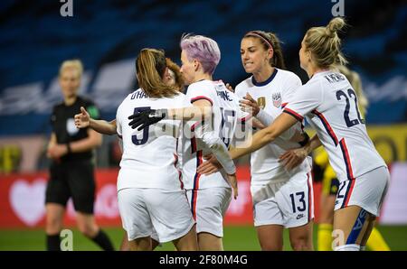 Megan Rapinoe (#15) of USA celebrates with teammates after scoring a penalty during a friendly international soccer match between Sweden and USA at Friends Arena in Stockholm, Sweden, on Saturday April 10, 2021. Photo Janerik Henriksson / TT kod 10010 *SWEDEN OUT* Stock Photo