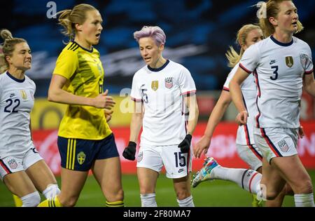 Megan Rapinoe (#15, C) of USA celebrates after scoring a penalty during a friendly international soccer match between Sweden and USA at Friends Arena in Stockholm, Sweden, on Saturday April 10, 2021. Photo Janerik Henriksson / TT kod 10010 *SWEDEN OUT* Stock Photo