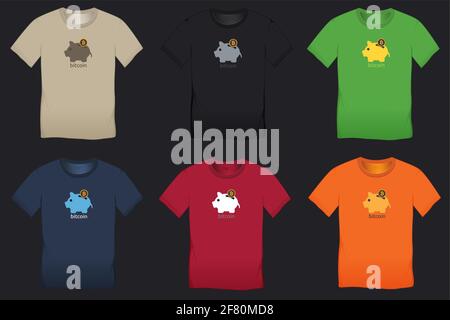 Bitcoin and saving piggy bank, multicolor collection of t-shirt designs vector Stock Vector