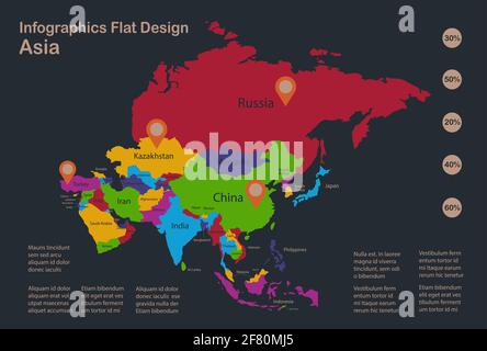 Infographics Asia map, flat design colors, with names of individual states, blue background with orange points vector Stock Vector