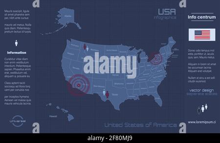 USA map, separates states with names, infographics blue flat design vector Stock Vector