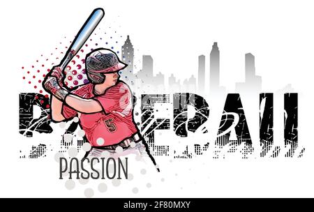baseball player banner vector illustration on grungy background with city silhouette Stock Vector