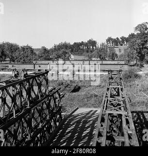 Bailey bridge construction / Pontoon bridge, framework school 1st regiment pioneers. Stock Photo