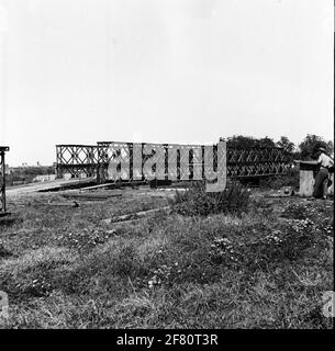 Bailey bridge construction / Pontoon bridge, framework school 1st regiment pioneers. Stock Photo