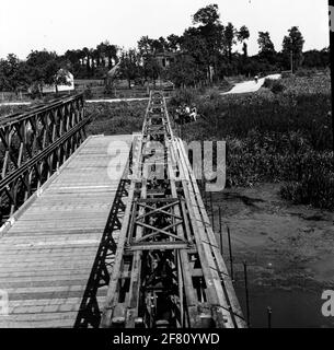 Bailey bridge construction / Pontoon bridge, framework school 1st regiment pioneers. Stock Photo