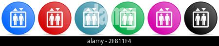 Elevator, lift vector icons, set of circle gradient buttons in 6 colors options for webdesign and mobile applications Stock Vector