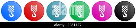 Crane hook vector icons, set of circle gradient buttons in 6 colors options for webdesign and mobile applications Stock Vector