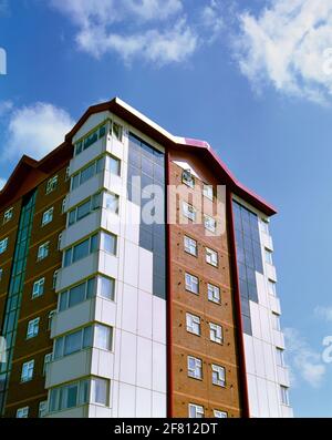 Photovoltaic cells for generating electricity on the side of Bowater House, West Bromwich, West Midlands. Stock Photo