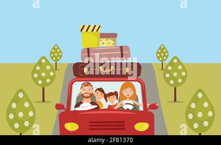 A happy family goes on vacation by car. Mom is driving the car, Dad is sitting next to her and the kids are sitting in the back.A pile of suitcases Stock Vector