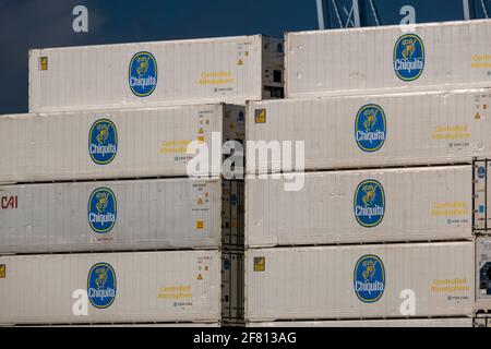 Helsinki / Finland - APRIL 10, 2021: Two container cranes at Vuosaari commercial port on a sunny day. Stock Photo